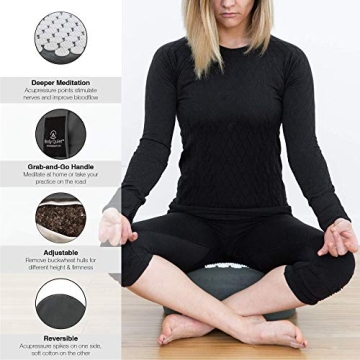 Body Quiet Meditation Cushion with Acupressure for Stress Relief | Large 13" x 6" Buckwheat Meditation Pillow Floor Pillow| Zafu Yoga Pillow with Easy-Handle | Includes 7-Step Meditation Guide (Gray)