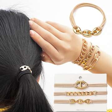 Bracelet Hair Ties With Gold Silvery and Beige Elastic,2 in 1 No Crease Hair Ponytails & Elastic,Looks Cute On Your Wrist And Great In Your Hair (3PCS, Apricot Gold)
