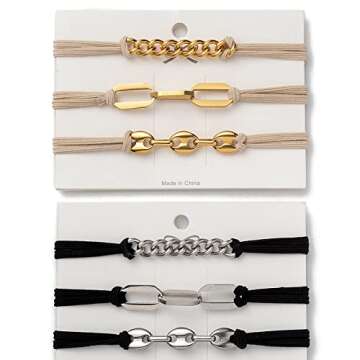 Bracelet Hair Ties With Gold Silvery and Beige Elastic,2 in 1 No Crease Hair Ponytails & Elastic,Looks Cute On Your Wrist And Great In Your Hair (3PCS, Apricot Gold)