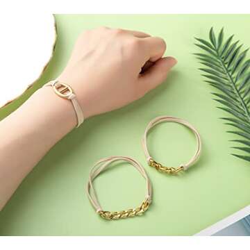 Bracelet Hair Ties With Gold Silvery and Beige Elastic,2 in 1 No Crease Hair Ponytails & Elastic,Looks Cute On Your Wrist And Great In Your Hair (3PCS, Apricot Gold)