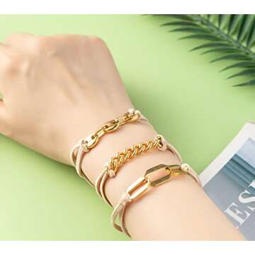 Bracelet Hair Ties With Gold Silvery and Beige Elastic,2 in 1 No Crease Hair Ponytails & Elastic,Looks Cute On Your Wrist And Great In Your Hair (3PCS, Apricot Gold)