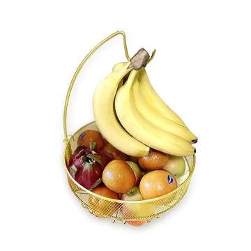 LANDTOM Gold Creative Detachable Wire Mesh Side Banana Hook Fruit Basket High-grade Fruit Plate Fruit Basket with Handle Snack Rack Desktop Storage (Gold, 28 * 27 * 35)