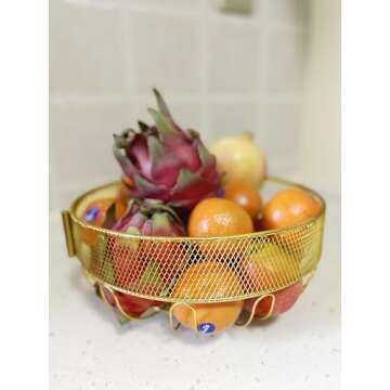 LANDTOM Gold Creative Detachable Wire Mesh Side Banana Hook Fruit Basket High-grade Fruit Plate Fruit Basket with Handle Snack Rack Desktop Storage (Gold, 28 * 27 * 35)