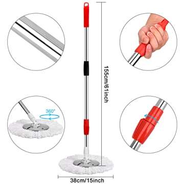 Mop and Bucket Set, 360° Spin Mop and Bucket with Wringer Set and 3 Microfiber Mop Refills, Stainless Steel 61" Extended Handle Spinning Mop Bucket System for Floor Cleaning