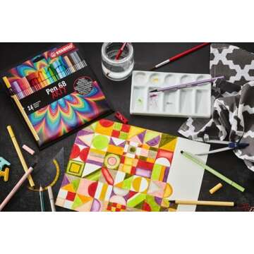 STABILO Premium Fiber-Tip Pen Pen 68 - Tin of 50 - Assorted Colors, Coloring Felt Tip Marker, Fine Point, 1mm Medium Tip, Watercolor Effects