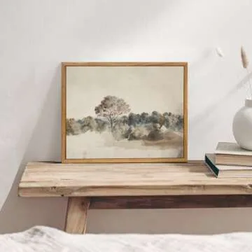 KBKBART Framed Vintage Neutral Wall Art Prints, Antique Rustic Muted Landscape Canvas Painting, Retro Countryside Nature Wilderness Illustrations Farmhouse Decor, Neutral Vintage Decor Ready To Hang