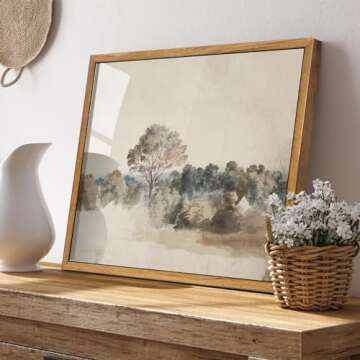 KBKBART Framed Vintage Neutral Wall Art Prints, Antique Rustic Muted Landscape Canvas Painting, Retro Countryside Nature Wilderness Illustrations Farmhouse Decor, Neutral Vintage Decor Ready To Hang