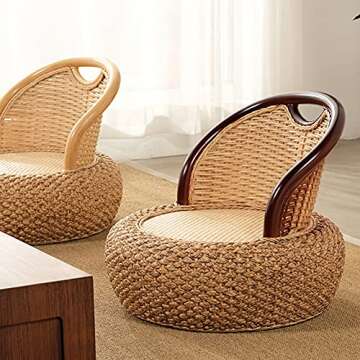Kelendle Round Rattan Floor Chair with Ergonomic Backrest Floor Lazy Chair Tatami Floor Seat Floor Meditation Chair Floor Seat Futon for Home and Office Decoration (Light Brown)