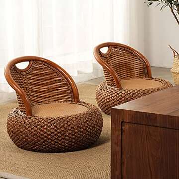 Kelendle Round Rattan Floor Chair with Ergonomic Backrest Floor Lazy Chair Tatami Floor Seat Floor Meditation Chair Floor Seat Futon for Home and Office Decoration (Light Brown)