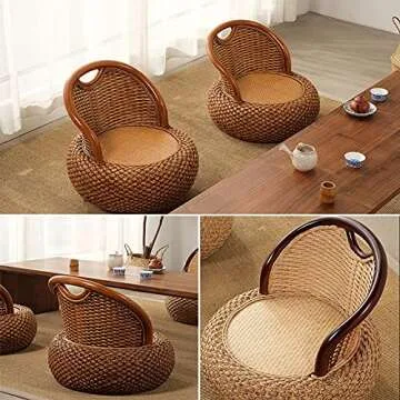 Kelendle Round Rattan Floor Chair with Ergonomic Backrest Floor Lazy Chair Tatami Floor Seat Floor Meditation Chair Floor Seat Futon for Home and Office Decoration (Light Brown)