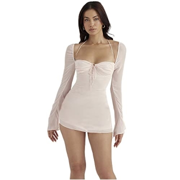 XLLAIS Women Long Puff Sleeve Mini Mesh Dress Baby Pink