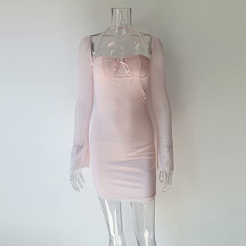 XLLAIS Women Long Puff Sleeve Mini Mesh Dress Baby Pink