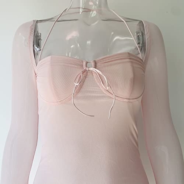 XLLAIS Women Long Puff Sleeve Mini Mesh Dress Baby Pink