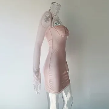 XLLAIS Women Long Puff Sleeve Mini Mesh Dress Baby Pink