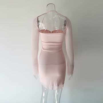 XLLAIS Women Long Puff Sleeve Mini Mesh Dress Baby Pink