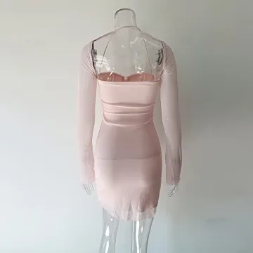 XLLAIS Women Long Puff Sleeve Mini Mesh Dress Baby Pink