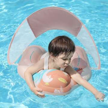 Free Swimming Baby Infant Pool Float with Sun Canopy Inflatable Baby Swimming Floatie with Sponge Safety Bottom Support Water Toys Swimming Trainer (Pink, Large)