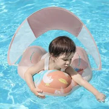 Free Swimming Baby Infant Pool Float with Sun Canopy Inflatable Baby Swimming Floatie with Sponge Safety Bottom Support Water Toys Swimming Trainer (Pink, Large)