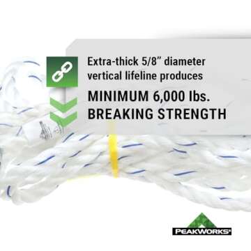 Peakworks Standard Vertical Lifeline - Polysteel 5/8" Rope with Snap Hook - Industrial, Construction, Roofing, Recreational Fall Protection - ANSI & OSHA Compliant (Available in Multiple Lengths)