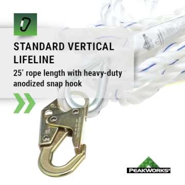 Peakworks Standard Vertical Lifeline - Polysteel 5/8" Rope with Snap Hook - Industrial, Construction, Roofing, Recreational Fall Protection - ANSI & OSHA Compliant (Available in Multiple Lengths)