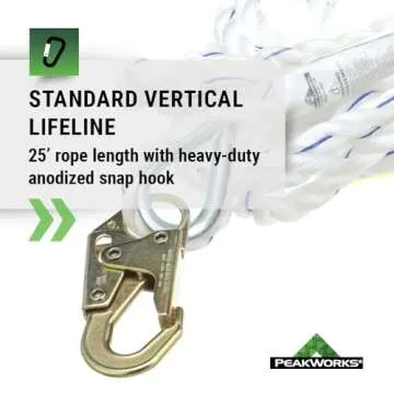 Peakworks Standard Vertical Lifeline - Polysteel 5/8" Rope with Snap Hook - Industrial, Construction, Roofing, Recreational Fall Protection - ANSI & OSHA Compliant (Available in Multiple Lengths)