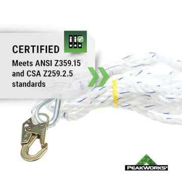 Peakworks Standard Vertical Lifeline - Polysteel 5/8" Rope with Snap Hook - Industrial, Construction, Roofing, Recreational Fall Protection - ANSI & OSHA Compliant (Available in Multiple Lengths)