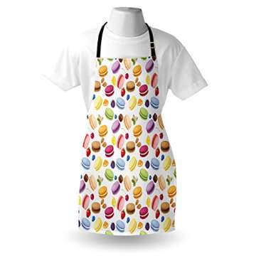 Lunarable Colorful Apron, Traditional French Macarons with Berries Lemons Almonds Pistachios and Chocolate, Unisex Kitchen Bib with Adjustable Neck for Cooking Gardening, Adult Size, Purple Caramel