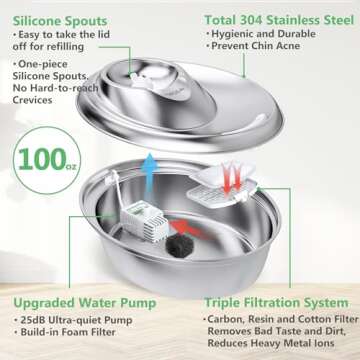 ORSDA Stainless Steel 3L Cat Water Fountain for Pets