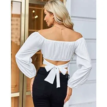 MIRACMODA Woman Off Shoulder Ruched Tie Back Crop Top Summer Lantern Sleeve Boho Shirt Blouse A-White