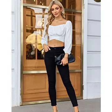 MIRACMODA Woman Off Shoulder Ruched Tie Back Crop Top Summer Lantern Sleeve Boho Shirt Blouse A-White