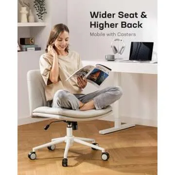 Marsail Armless-Office Desk Chair with Wheels: PU Leather Cross Legged Wide Chair,Comfortable Adjustable Swivel Computer Task Chairs for Home,Office,Make Up,Small Space,Bed Room(Balanced Beige)