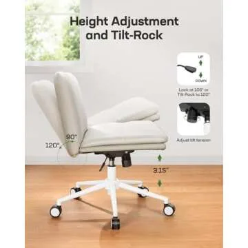 Marsail Armless-Office Desk Chair with Wheels: PU Leather Cross Legged Wide Chair,Comfortable Adjustable Swivel Computer Task Chairs for Home,Office,Make Up,Small Space,Bed Room(Balanced Beige)