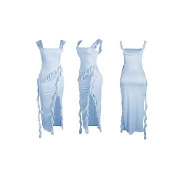 Ecirod Womens Square Neck High Slit Maxi Dress Elegant Sleeveless Wedding Guest Cocktail Dresses Blue