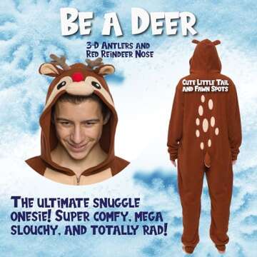 Funziez! Slim Christmas Adult Onesie - Fun Holiday Costume - Santa Clause and Reindeer One Piece for Adults, Women and Men
