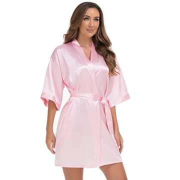VOGUEMAX Women's Short Kimono Robe Silky Satin Bathrobe Bride Bridesmaids Getting Ready Sleepwear Soft Nightgown