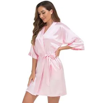 VOGUEMAX Women's Short Kimono Robe Silky Satin Bathrobe Bride Bridesmaids Getting Ready Sleepwear Soft Nightgown