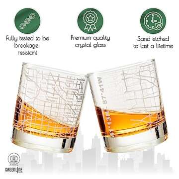 Greenline Goods - Chicago Map Etched Whiskey Glass Perfect for Bourbon, Scotch, Liquor, Cocktail - Crystal Whiskey Glasses Set of 2 - Best Tasting Experience with Vintage Rocks Glasses
