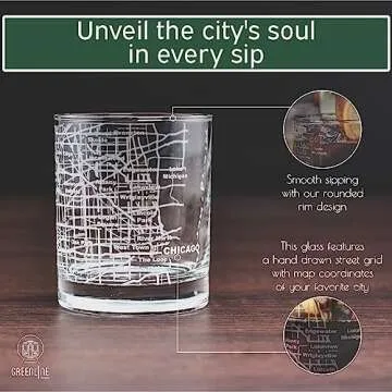 Greenline Goods - Chicago Map Etched Whiskey Glass Perfect for Bourbon, Scotch, Liquor, Cocktail - Crystal Whiskey Glasses Set of 2 - Best Tasting Experience with Vintage Rocks Glasses