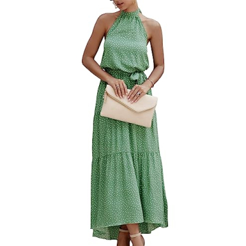 PRETTYGARDEN Women’s Casual Halter Neck Sleeveless Floral Long Maxi Dress Backless Loose Ruffle Sundress with Belt
