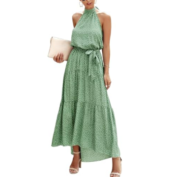 PRETTYGARDEN Women’s Casual Halter Neck Sleeveless Floral Long Maxi Dress Backless Loose Ruffle Sundress with Belt