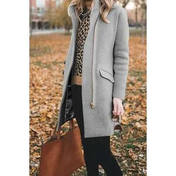 BZB Womens Dress Coat Zip Up Classic Wool Blend Over Lapel Collar Long Jackets Winter Outwear Grey