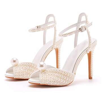 Women's Pearl Heels Peep Toe Ankle Strap Heeled Sandals Satin Wedding Bride High Heels Dressy Slingback Stiletto