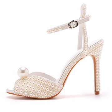 Women's Pearl Heels Peep Toe Ankle Strap Heeled Sandals Satin Wedding Bride High Heels Dressy Slingback Stiletto
