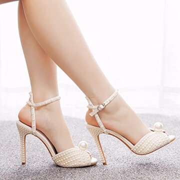 Women's Pearl Heels Peep Toe Ankle Strap Heeled Sandals Satin Wedding Bride High Heels Dressy Slingback Stiletto