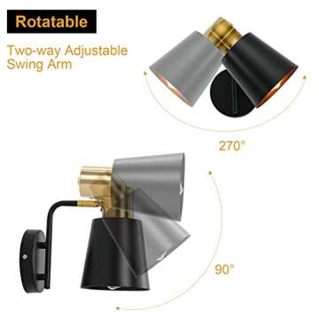 YINGFK Vintage Wall Sconces, 2 Pack Industrial Wall Light Fixture with E26 Base, Metal Rustic Wall Sconce Lighting, Antique 360 Degree Adjustable Black Wall Lamp for Bedroom Bathroom Kitchen Aisle