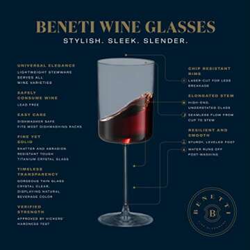 BENETI Large Square Wine Glass Set of 4-17 oz European-Made Hand Blown Glass White Wine Goblets w/La...