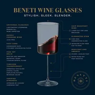 BENETI Large Square Wine Glass Set of 4-17 oz European-Made Hand Blown Glass White Wine Goblets w/La...