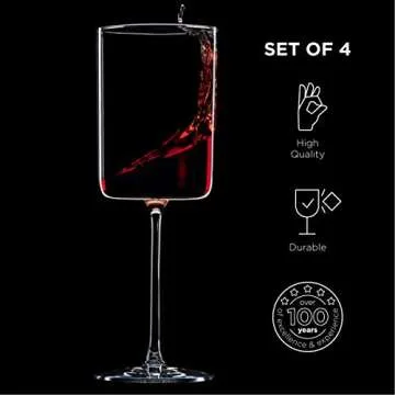 BENETI Large Square Wine Glass Set of 4-17 oz European-Made Hand Blown Glass White Wine Goblets w/Laser-Cut Rim, Dishwasher-Safe Crystal Clear Red Wine Glass Gift Set