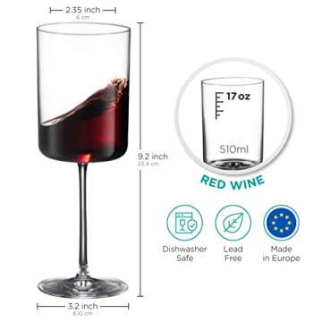 BENETI Large Square Wine Glass Set of 4-17 oz European-Made Hand Blown Glass White Wine Goblets w/Laser-Cut Rim, Dishwasher-Safe Crystal Clear Red Wine Glass Gift Set