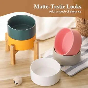 Grey Ceramic Elevated Raised Dog Bowls - Dog Food Dish with Stand - Double Raised Dog Food and Water Bowls Anti Vomiting - Pet Bowl with Anti Slip Rubber pad - Stress Free for Medium Dogs -Set of 2